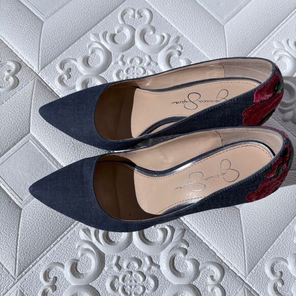 Jessica Simpson Boho Preppy Denim Floral Embroidered Chunky Heel Pumps size 7.5 - Picture 3 of 7
